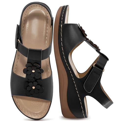 Keilsandalen für Damen 2025: bequeme Sandalen mit niedrigem Absatz, elegante Sommer-Plateau-Sandalen mit Knöchelriemen, für Strandurlaub, Schwarz, 39 EU von Alicegana