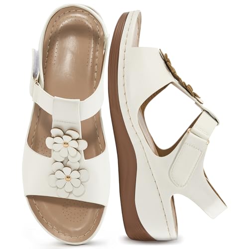 Keilsandalen für Damen 2025: bequeme Sandalen mit niedrigem Absatz, elegante Sommer-Plateau-Sandalen mit Knöchelriemen, für Strandurlaub, Weiss/opulenter Garten, 39.5 EU von Alicegana