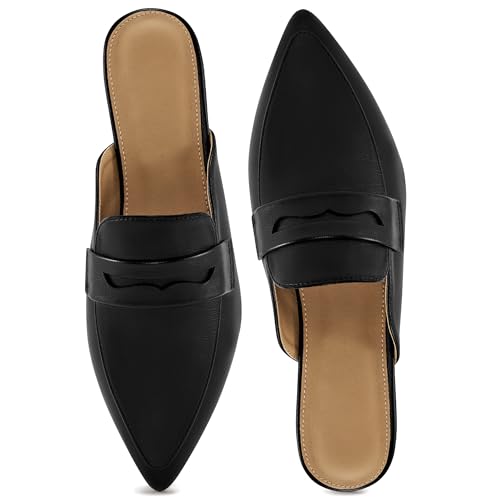 Pantoletten für Damen mit Slingback-Flats: bequeme spitz zulaufende Zehenpartie, rückenfreie Loafers, Business-Freizeitschuhe, elegante Slides 2025, Schwarz, 34 EU von Alicegana
