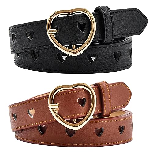 Alicer Damen Leder Gürtel Einstellbar Damengürtel Mode Hohle Liebe Belt Mit Metallschnalle für Jeans Hose, 2.4cm Breite 105cm lang(Schwarz+Hellbraun) von Alicer