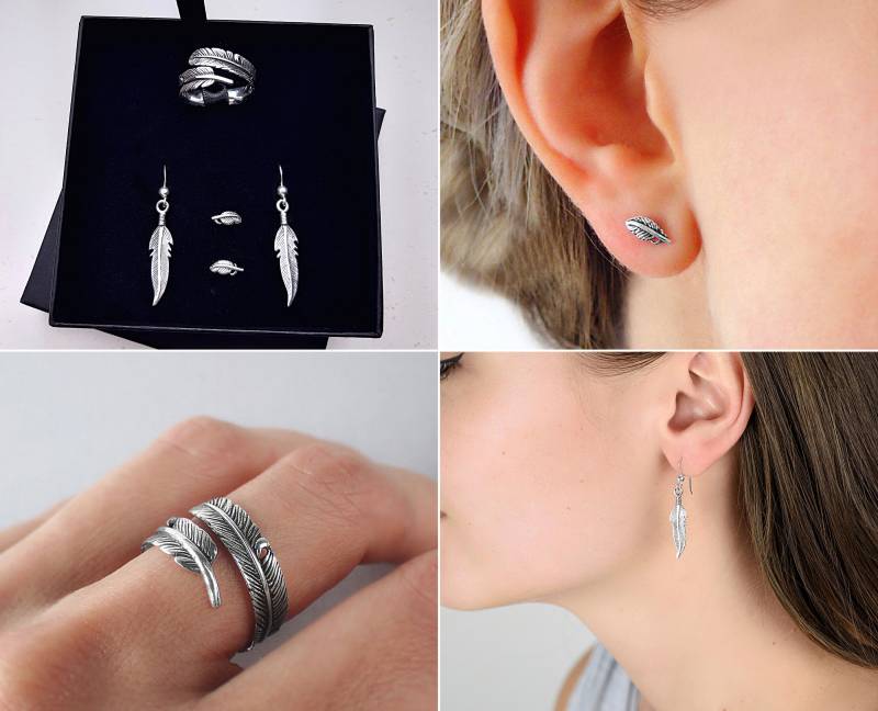 Geschenkbox Federschmuck in Sterlingsilber 925/1000E Verstellbarer Ring + 2 Paar Ohrringe von AliciaSWonders
