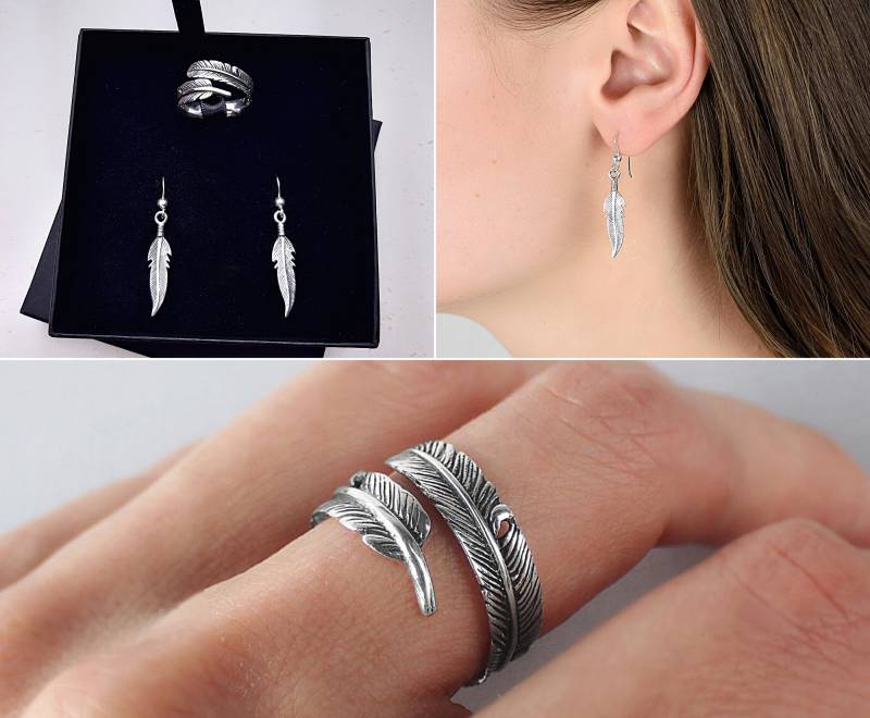 Geschenkbox Federschmuck in Sterlingsilber 925/1000E Verstellbarer Ring + Ohrringe von AliciaSWonders