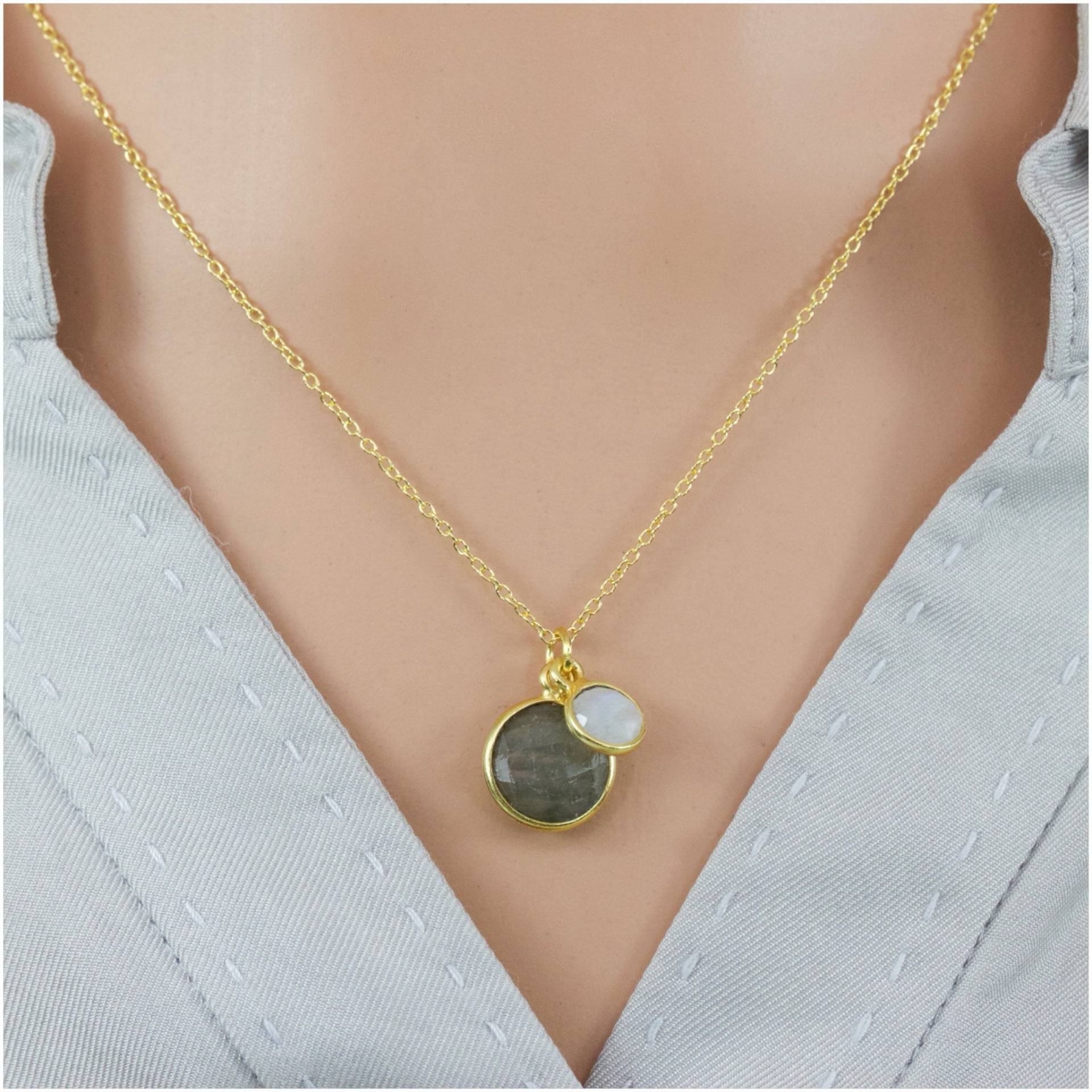 Anspruchsvolle Sterling Silber Vergoldet Natürliche Labradorit Und Mondstein Anhänger Halskette, Geburtstagsgeschenk, Danke Geschenk von AlidaJewelry