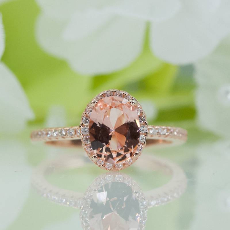 Halo Oval Morganit Farbe Qualität Zirkonia Ring in Rose Vergoldetem Sterling Silber, Verlobungsring, Versprechen Ring, Reisering | 094 von AlidaJewelry