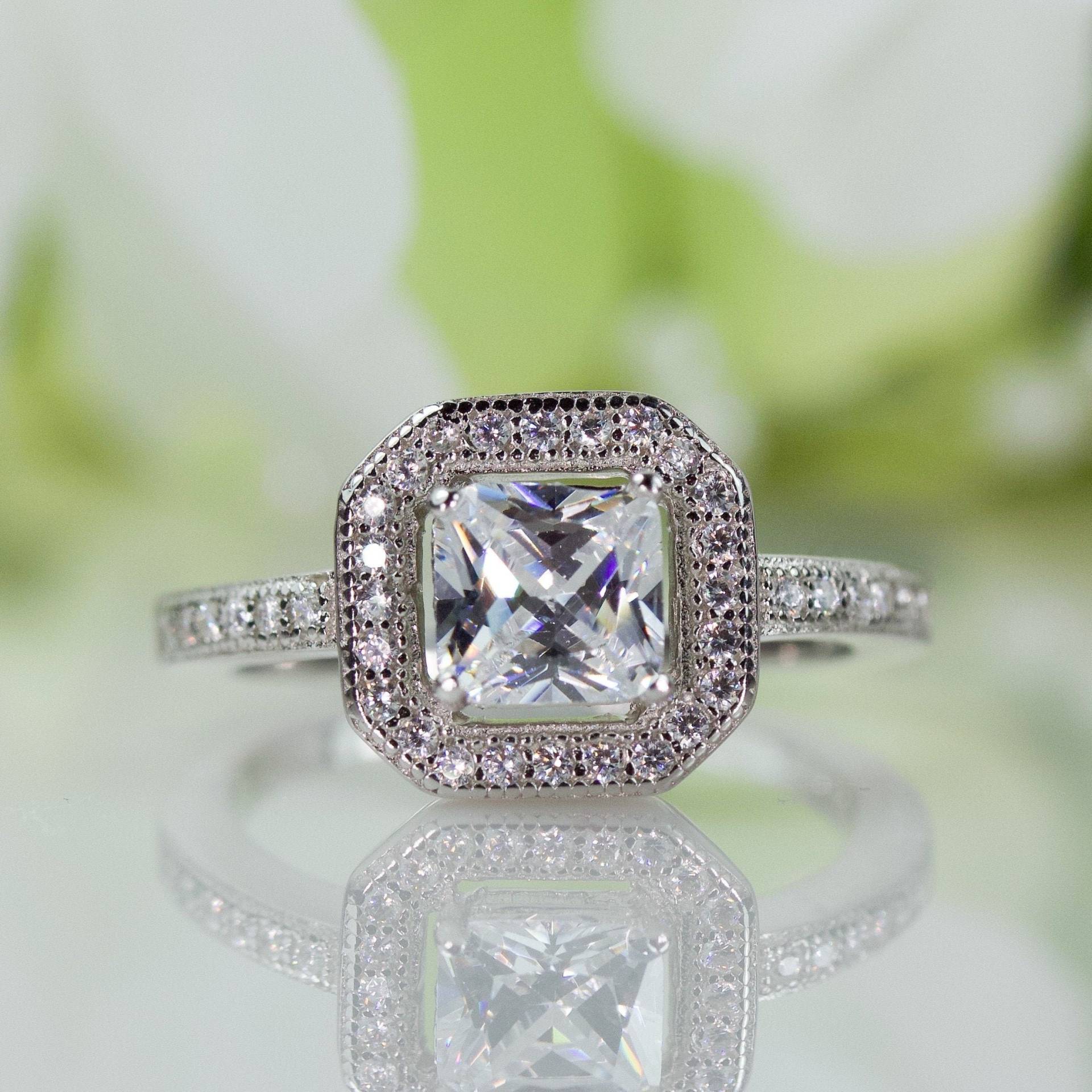 Micropavé Halo Princess Cut Qualität Zirkonia Ring Aus Sterling Silber, Verlobungsring, Vorschlag Ring, Versprechensring, Reisering | 034 von AlidaJewelry