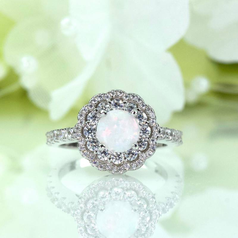 Schöner Double Halo Lab-Created Opal Cz Ring in Sterling Silber, Jubiläumsring, Versprechensring, Reisering | 154 von AlidaJewelry