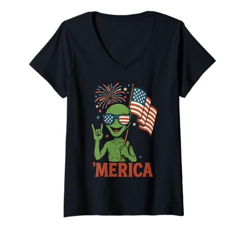 Damen Patriotic Alien 'Merica Funny 4th of Juli Science T-Shirt mit V-Ausschnitt Damen Patriotic Alien 'Merica Funny 4th of Juli Science T-Shirt mit V-Ausschnitt von Alien America Independence Day Patriotism Design