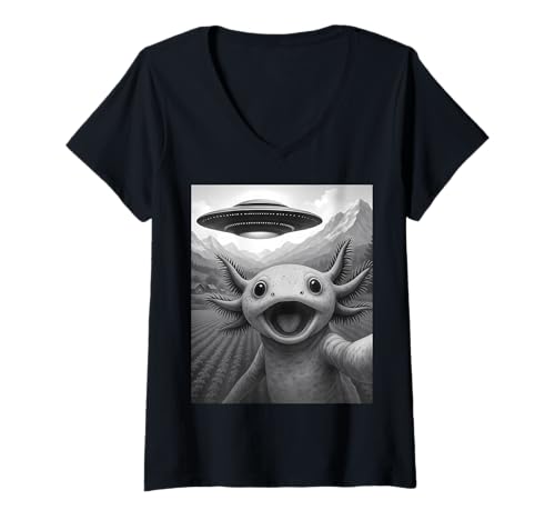 Damen Lustiges Alien UFO Axolotl Abduktion Selfie T-Shirt mit V-Ausschnitt Damen Lustiges Alien UFO Axolotl Abduktion Selfie T-Shirt mit V-Ausschnitt von Alien Axolotl Humor Gifts for UFO Fans
