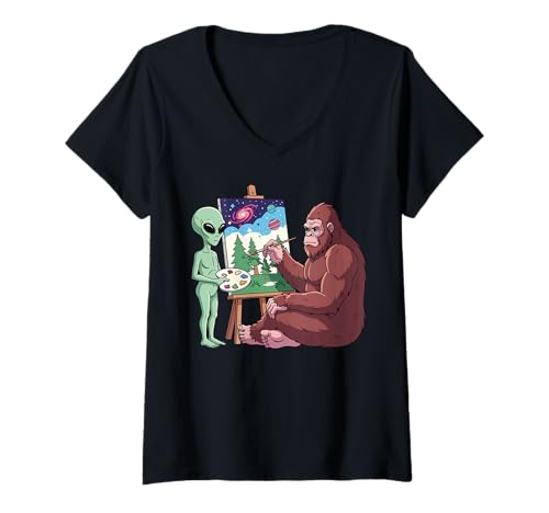 Damen Malszene mit Alien und Bigfoot, lustige Kryptidenkunst T-Shirt mit V-Ausschnitt Damen Malszene mit Alien und Bigfoot, lustige Kryptidenkunst T-Shirt mit V-Ausschnitt von Alien Bigfoot Cryptids Designs For Men And Kids