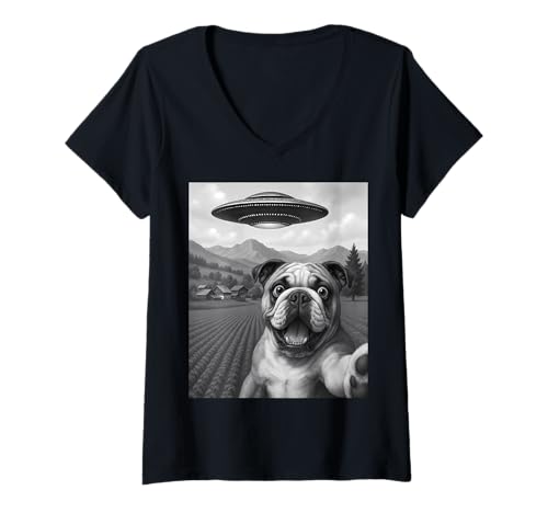 Damen Lustiges Alien UFO Bulldog Abduktion Selfie T-Shirt mit V-Ausschnitt Damen Lustiges Alien UFO Bulldog Abduktion Selfie T-Shirt mit V-Ausschnitt von Alien Bulldog Humor Gifts for UFO Fans