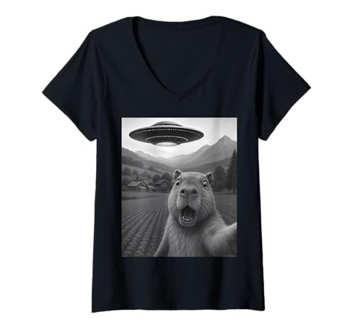 Damen Lustiges Alien UFO Capybara Abduktion Selfie T-Shirt mit V-Ausschnitt Damen Lustiges Alien UFO Capybara Abduktion Selfie T-Shirt mit V-Ausschnitt von Alien Capybara Humor Gifts for UFO Fans