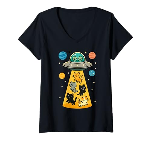 Damen UFO-Katzen-Entführung im Weltraum mit Aliens Planeten T-Shirt mit V-Ausschnitt Damen UFO-Katzen-Entführung im Weltraum mit Aliens Planeten T-Shirt mit V-Ausschnitt von Alien Cat Galaxy