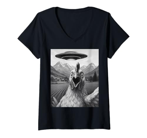Damen Lustiges Alien UFO Huhn Entführung Selfie T-Shirt mit V-Ausschnitt Damen Lustiges Alien UFO Huhn Entführung Selfie T-Shirt mit V-Ausschnitt von Alien Chicken Humor Gifts for UFO Fans