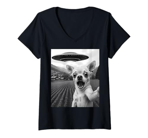 Damen Lustiges Alien UFO Chihuahua Entführung Selfie T-Shirt mit V-Ausschnitt Damen Lustiges Alien UFO Chihuahua Entführung Selfie T-Shirt mit V-Ausschnitt von Alien Chihuahua Humor Gifts for UFO Fans