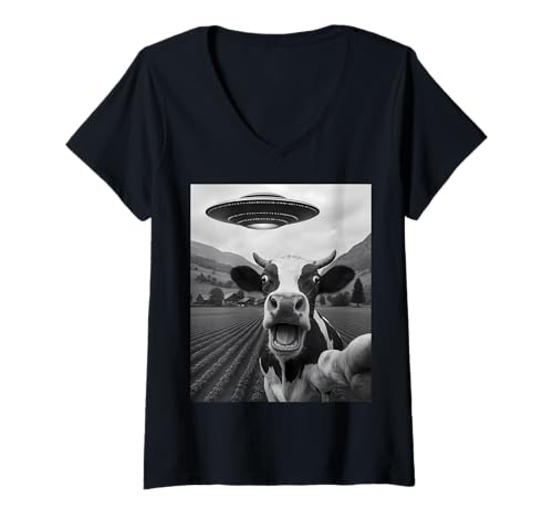 Damen Lustiges Alien UFO Kuh Entführung Selfie T-Shirt mit V-Ausschnitt Damen Lustiges Alien UFO Kuh Entführung Selfie T-Shirt mit V-Ausschnitt von Alien Cow Humor Gifts for UFO Fans