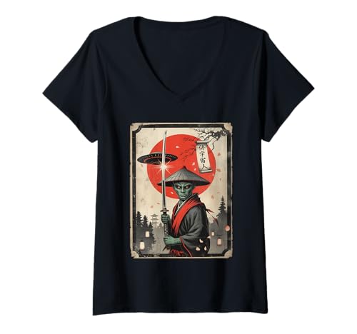 Damen UFO Alien Samurai Japan Ukiyo-e Cyberpunk Manga Lustige Kunst T-Shirt mit V-Ausschnitt von Alien Cyberpunk Japanese Retro Graphic Gifts