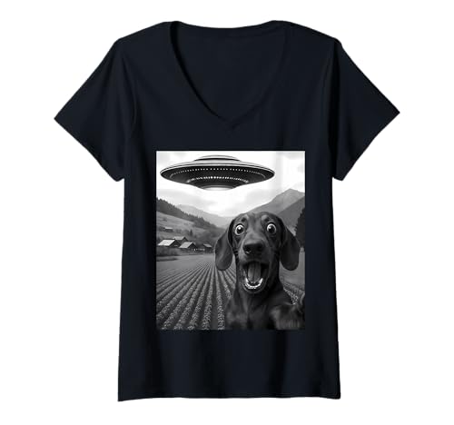 Damen Lustiges Alien-UFO-Dackel-Entführungs-Selfie T-Shirt mit V-Ausschnitt von Alien Dachshund Humor Gifts for UFO Fans