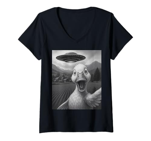 Damen Lustiges Alien UFO Entführung Selfie T-Shirt mit V-Ausschnitt Damen Lustiges Alien UFO Entführung Selfie T-Shirt mit V-Ausschnitt von Alien Duck Humor Gifts for UFO Fans