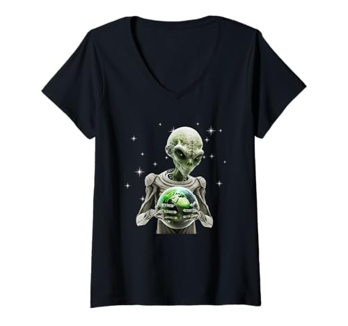 Damen Creepy Alien Holding Planet Earth Space Extra Terrestrisch T-Shirt mit V-Ausschnitt von Alien Earth Tees