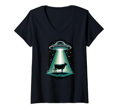 Damen UFO Lights Beam Über Kuh Unter Sternenklaren Nachthimmel T-Shirt mit V-Ausschnitt von Alien Entführung Ufo Kuh Weltraum Nacht Retro