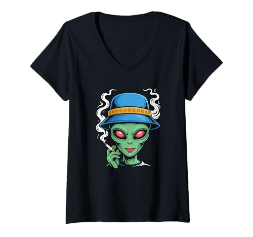 Damen Lustiges Alien Kiffer Design Retro Geschenk T-Shirt mit V-Ausschnitt von Alien Entspannungsclub