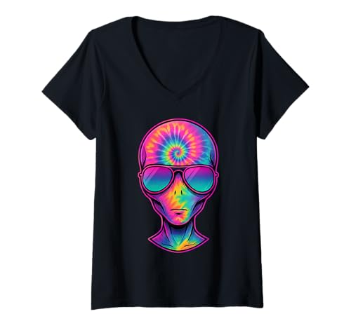 Damen Psychedelic Tie Dye Alien Head Sonnenbrille Hippie T-Shirt mit V-Ausschnitt Damen Psychedelic Tie Dye Alien Head Sonnenbrille Hippie T-Shirt mit V-Ausschnitt von Alien Extraterrestrial Trippy Space Rave Designs