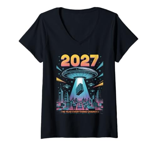 Damen 2027-Jahr Alles ändert Sich First Contact Alien T-Shirt mit V-Ausschnitt von Alien Fans Humorous Saying - DressedForDuty