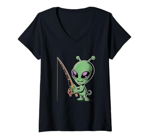 Damen Dieses Alien liebt es zu fischen Lustiges Alien-Meme Fishing Alien Meme T-Shirt mit V-Ausschnitt von Alien Fishing Shirt Funny Alien Love To Fish Shirt