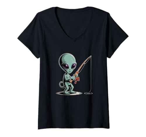 Damen Dieses Alien liebt es zu fischen Lustiges Alien-Meme Fishing Alien Meme T-Shirt mit V-Ausschnitt von Alien Fishing Shirt Funny Alien Love To Fish Shirt