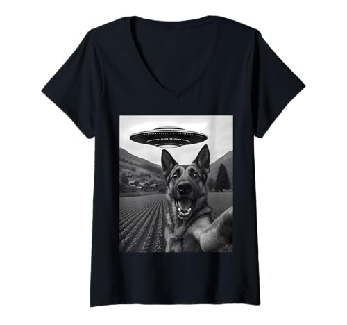 Damen Lustiges Alien UFO Deutscher Schäferhund Entführung Selfie T-Shirt mit V-Ausschnitt Damen Lustiges Alien UFO Deutscher Schäferhund Entführung Selfie T-Shirt mit V-Ausschnitt von Alien German Shepherd Humor Gifts for UFO Fans