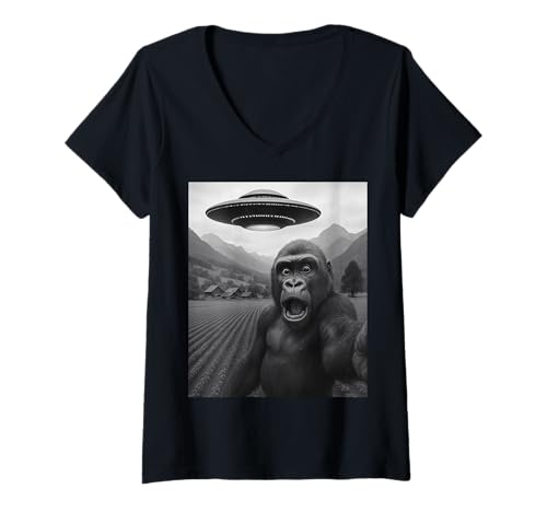 Damen Lustiges Alien UFO Gorilla Abduktion Selfie T-Shirt mit V-Ausschnitt von Alien Gorilla Humor Gifts for UFO Fans