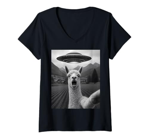 Damen Lustiges Alien UFO Lama Entführung Selfie T-Shirt mit V-Ausschnitt Damen Lustiges Alien UFO Lama Entführung Selfie T-Shirt mit V-Ausschnitt von Alien Llama Humor Gifts for UFO Fans