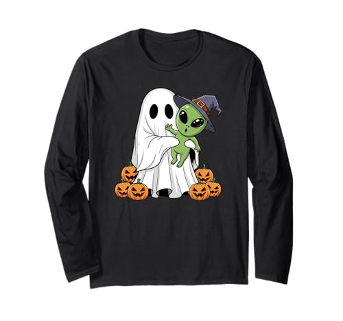 Lustiger Geist Alien Kürbis Halloween Kinder Herren Damen Langarmshirt von Alien Lovers Cute Halloween Outfits for Boy Girl