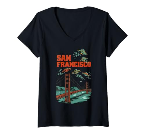 Damen Reisememe zur UFO-Invasion auf der San Francisco-Brücke T-Shirt mit V-Ausschnitt Damen Reisememe zur UFO-Invasion auf der San Francisco-Brücke T-Shirt mit V-Ausschnitt von Alien Meme UFO Invasion San Francisco Travel