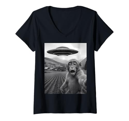 Damen Lustiges Alien-UFO-Affen-Entführungs-Selfie T-Shirt mit V-Ausschnitt von Alien Monkey Humor Gifts for UFO Fans