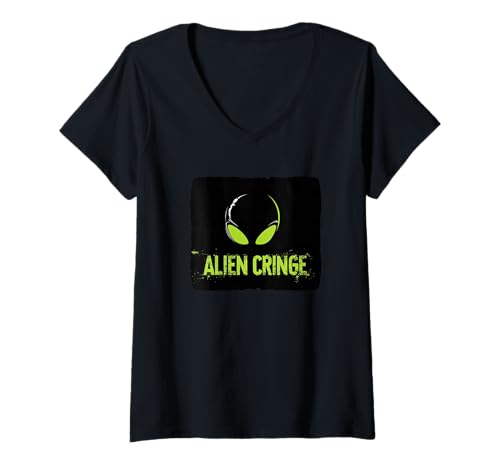 Damen Dark Alien Grafik mit coolem Cringe Statement T-Shirt mit V-Ausschnitt Damen Dark Alien Grafik mit coolem Cringe Statement T-Shirt mit V-Ausschnitt von Alien Outfit