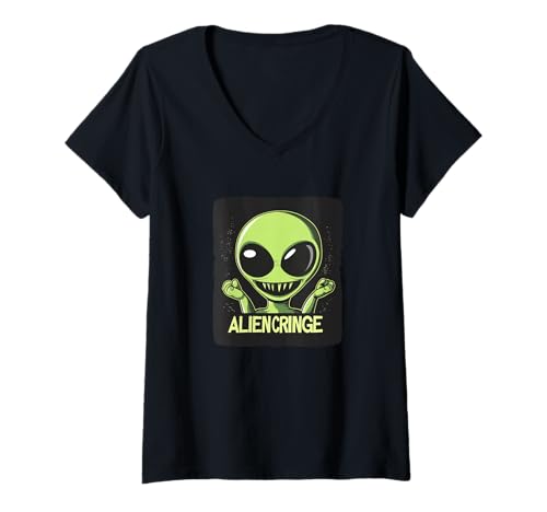 Damen Happy Alien Cringe Grafik T-Shirt mit V-Ausschnitt Damen Happy Alien Cringe Grafik T-Shirt mit V-Ausschnitt von Alien Outfit
