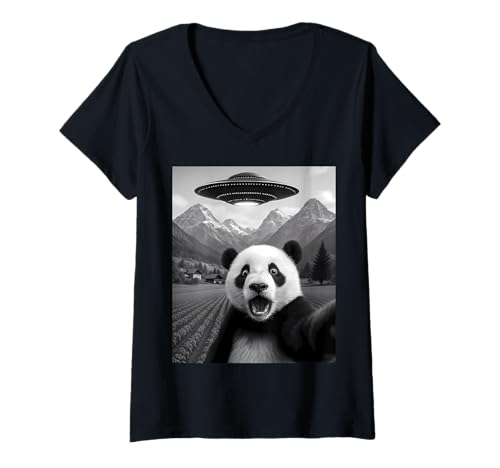 Damen Lustiges Alien UFO Panda Entführung Selfie T-Shirt mit V-Ausschnitt von Alien Panda Humor Gifts for UFO Fans