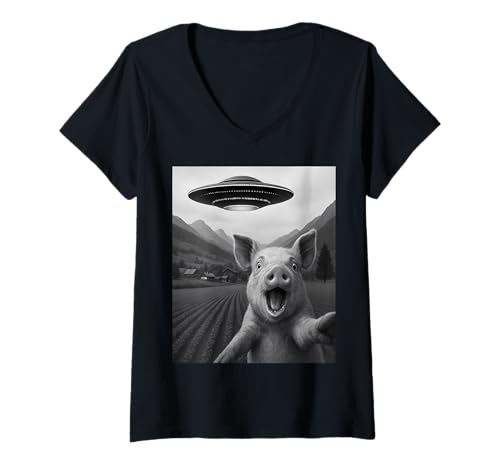 Damen Lustiges Alien UFO Pig Abduktion Selfie T-Shirt mit V-Ausschnitt von Alien Pig Humor Gifts for UFO Fans