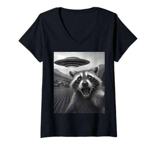 Damen Lustiges Alien UFO Racoon Abduktion Selfie T-Shirt mit V-Ausschnitt Damen Lustiges Alien UFO Racoon Abduktion Selfie T-Shirt mit V-Ausschnitt von Alien Racoon Humor Gifts for UFO Fans
