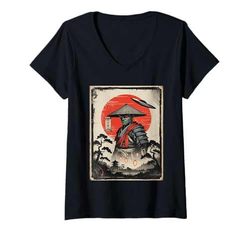 Damen Alien Samurai UFO Japanisch Japan Ukiyo-e Lustige Vintage Kunst T-Shirt mit V-Ausschnitt Damen Alien Samurai UFO Japanisch Japan Ukiyo-e Lustige Vintage Kunst T-Shirt mit V-Ausschnitt von Alien Samurai UFO Cyberpunk Japan Retro Gifts