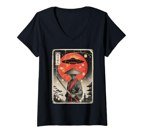 Damen Alien Samurai UFO Japanisch Retro Japan Ukiyo-e Art Lustig T-Shirt mit V-Ausschnitt von Alien Samurai UFO Japan Sci-Fi Art Men Women Kids