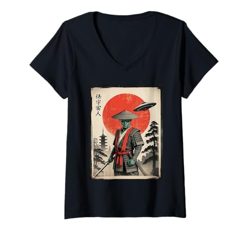 Damen Lustige Alien Samurai UFO Japanisch Japan Ukiyo-e Vintage Art T-Shirt mit V-Ausschnitt von Alien Samurai UFO Sci-Fi Gifts for Men Women Kids