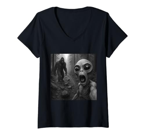 Damen Lustiges Shocked Alien Selfie mit Bigfoot Forest Encounter T-Shirt mit V-Ausschnitt von Alien Selfie Bigfoot Cryptid Forest Adventure Tees