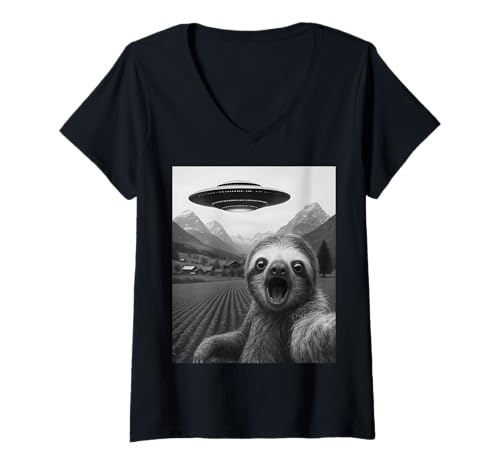 Damen Lustiges Alien UFO Faultier Entführung Selfie T-Shirt mit V-Ausschnitt von Alien Sloth Humor Gifts for UFO Fans