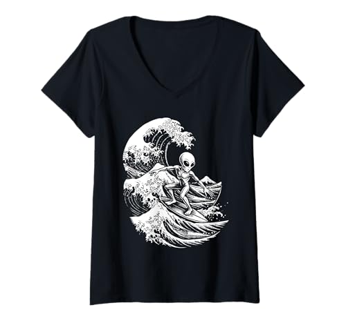 Damen Alien Surfen Grungy Kanagawa Wave Funny Surfer T-Shirt mit V-Ausschnitt Damen Alien Surfen Grungy Kanagawa Wave Funny Surfer T-Shirt mit V-Ausschnitt von Alien Surfer Japanese Wave Sci Fi Surf Designs