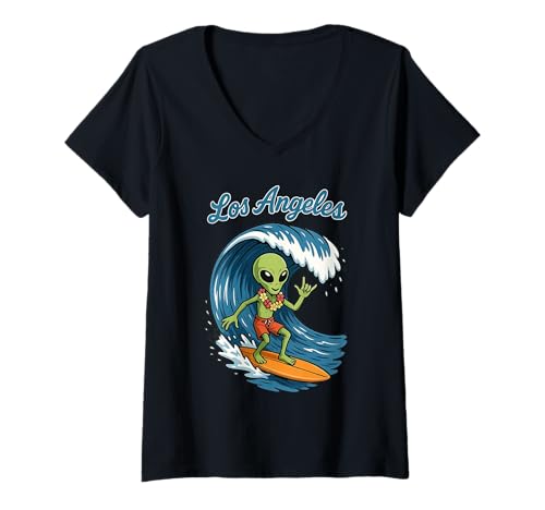Damen Lustiger Alien Surfer Los Angeles Sommer Urlaub Surfen T-Shirt mit V-Ausschnitt Damen Lustiger Alien Surfer Los Angeles Sommer Urlaub Surfen T-Shirt mit V-Ausschnitt von Alien Surfer Los Angeles UFO Meme Beach Design