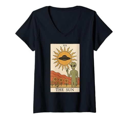 Damen Retro The Sun Tarotkarte Mystical Funny Alien T-Shirt mit V-Ausschnitt Damen Retro The Sun Tarotkarte Mystical Funny Alien T-Shirt mit V-Ausschnitt von Alien Tarot Card Mystical Occult Paganism Design