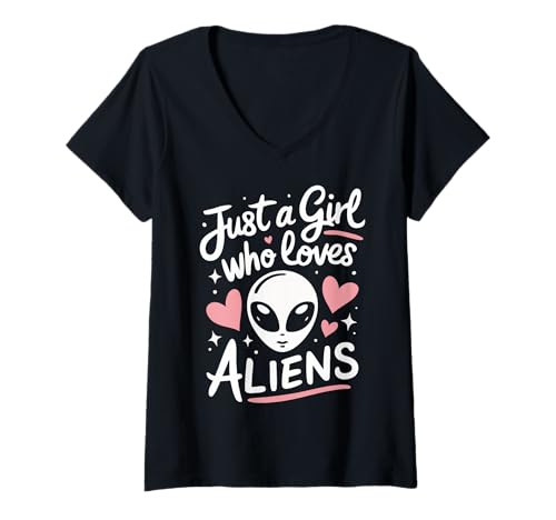 Damen Alien Nur EIN Mädchen, das Aliens liebt T-Shirt mit V-Ausschnitt von Alien UFO Aliens Extraterrestrial