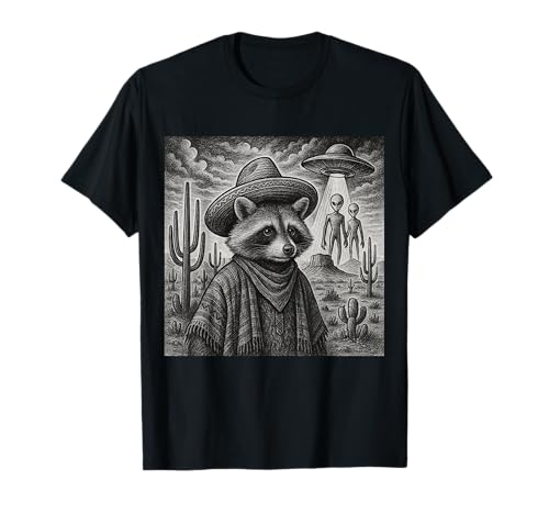 Waschbär Alien UFO Lustiger Waschbär Poncho Retro Herren Damen T-Shirt von Alien UFO Funny Raccoon Poncho